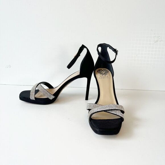 Vince Camuto Kalvira 2 Platform Heels Silver Rhinestone Black Satin Size 8 NWOB - Picture 8 of 15